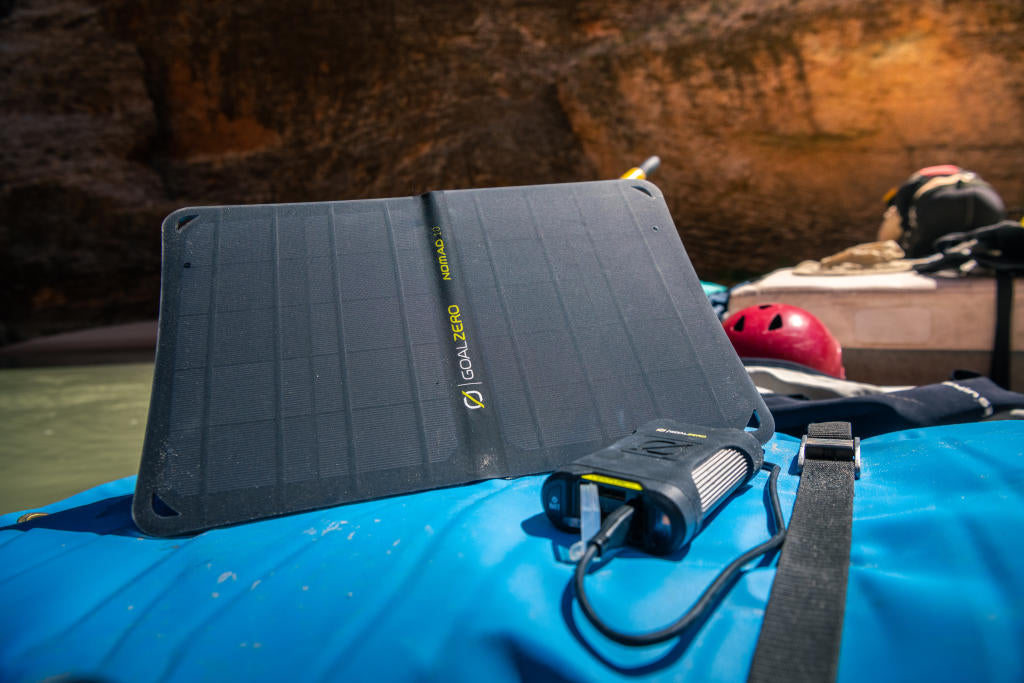 The upgraded Goal Zero Venture 35 Power Bank joins forces with the Nomad 10 Solar Panel to provide an endless supply of rugged, portable power