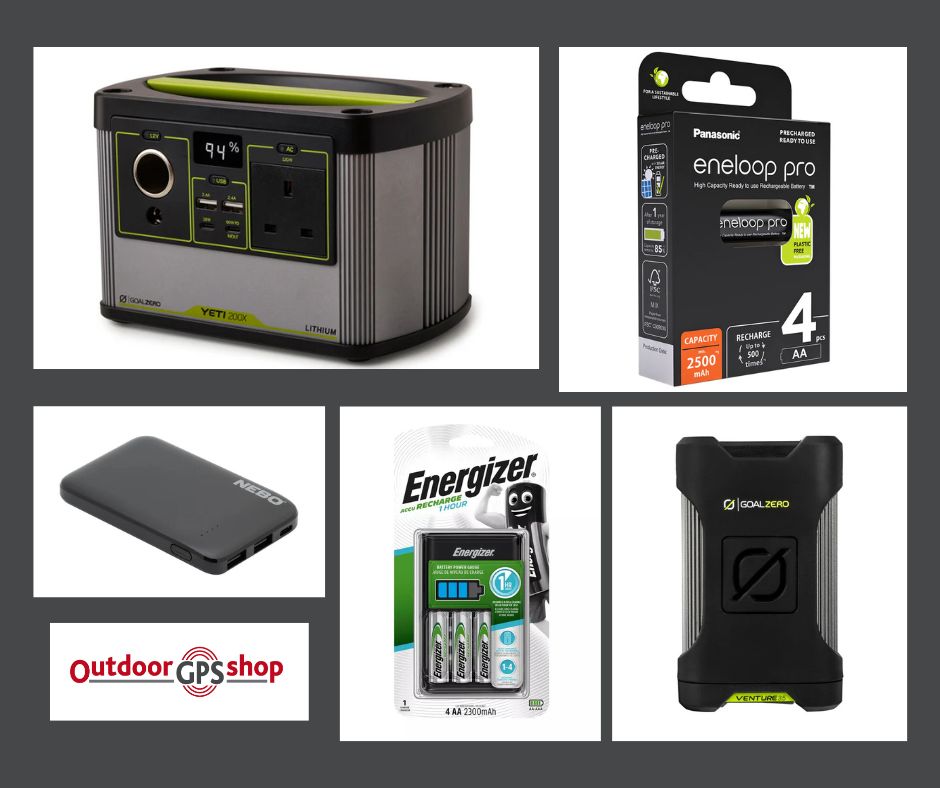 Power banks for the outdoors, solar panels and spare batteries for Outdoor GPS units.