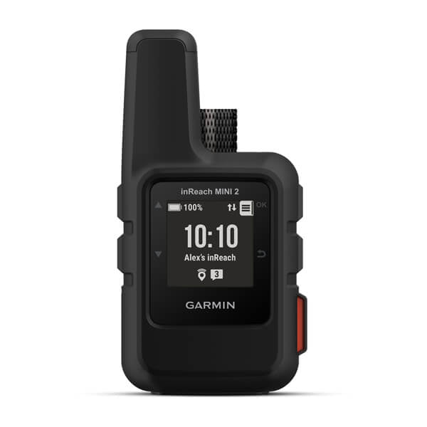 Garmin inReach Mini 2, a compact satellite communicator showing icons on the screen like time, battery life and message icon