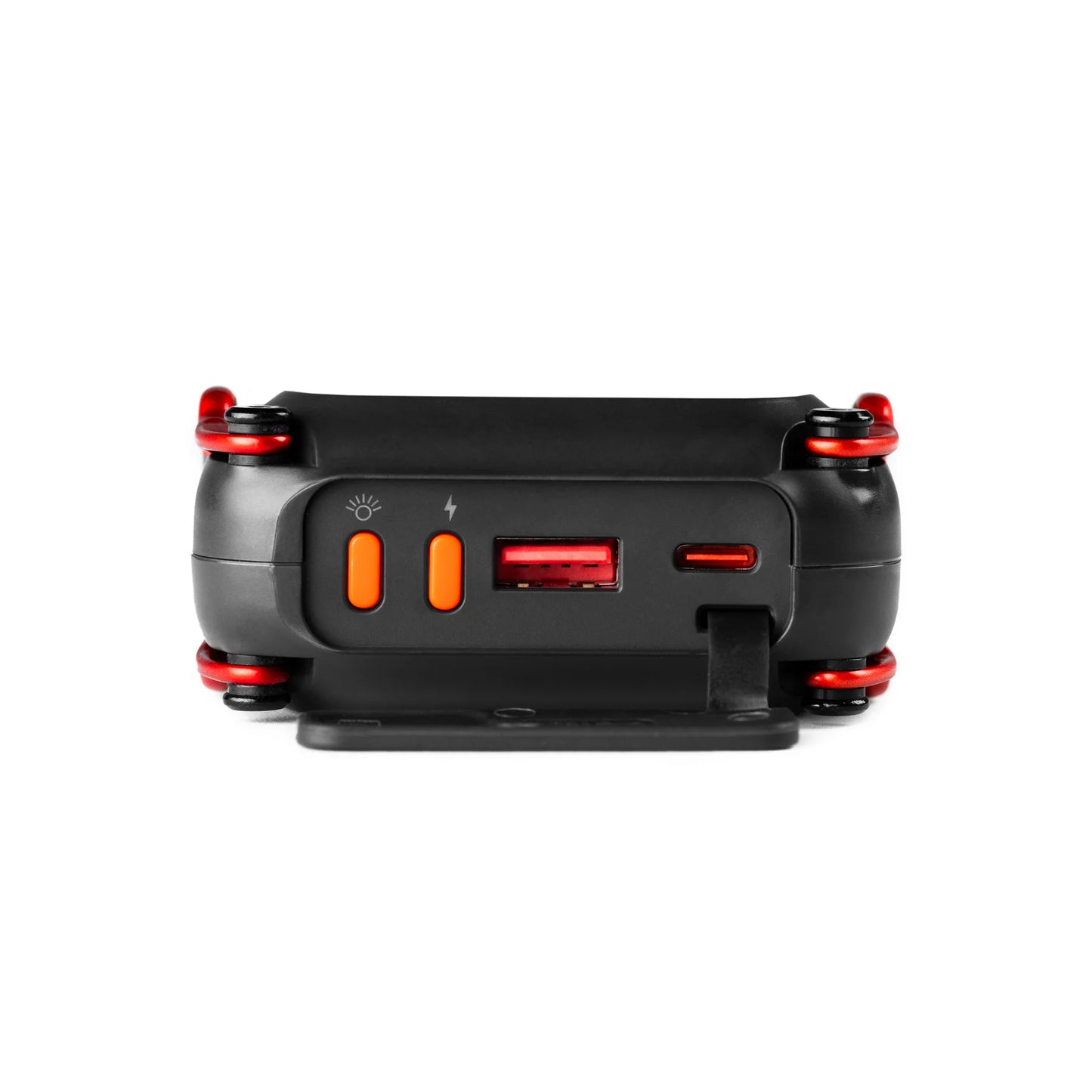 Black and red electronic device on a white background