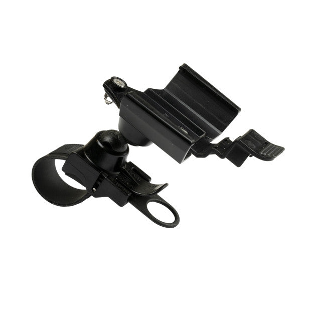 A black bike handlebar mount designed for GPS devices, featuring a double ball system for rotation and tilt adjustment.