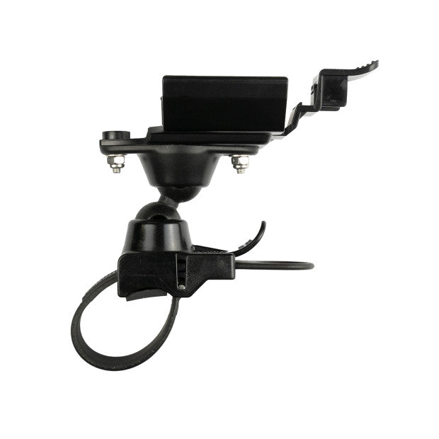 A black bike handlebar mount designed for GPS devices, featuring a double ball system for rotation and tilt adjustment.