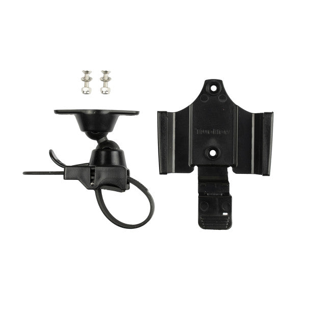A black bike handlebar mount designed for GPS devices, featuring a double ball system for rotation and tilt adjustment.